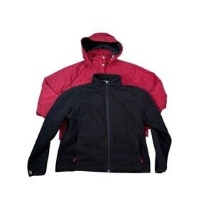 LL Bean Womens Size Large 3-in-1 Jacket Red Hooded Rain Jacket Black Fleece Zip